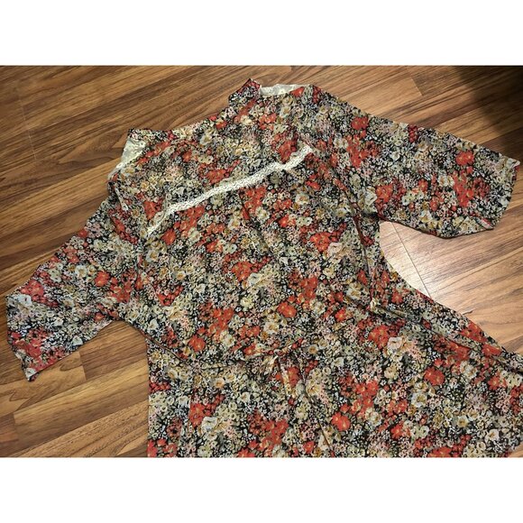 American Rag Cie Plus 2X Floral Boho Peasant Blouse Sheer Lace Yoke Button Front - Picture 14 of 15